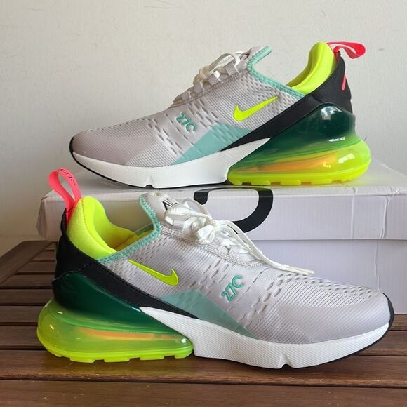 Nike Air Max 270 White and Neon Sneakers - Picture 2 of 15